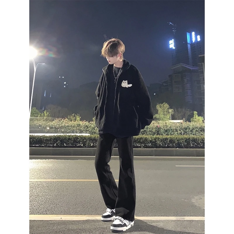 美式vibe风裤子高街纯黑色修身微喇牛仔裤男款秋季显高瘦直筒长裤