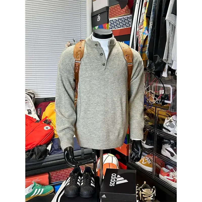 cleanfit亨利领毛衣男款秋冬韩系长袖灰色针织衫美式复古卫衣外套