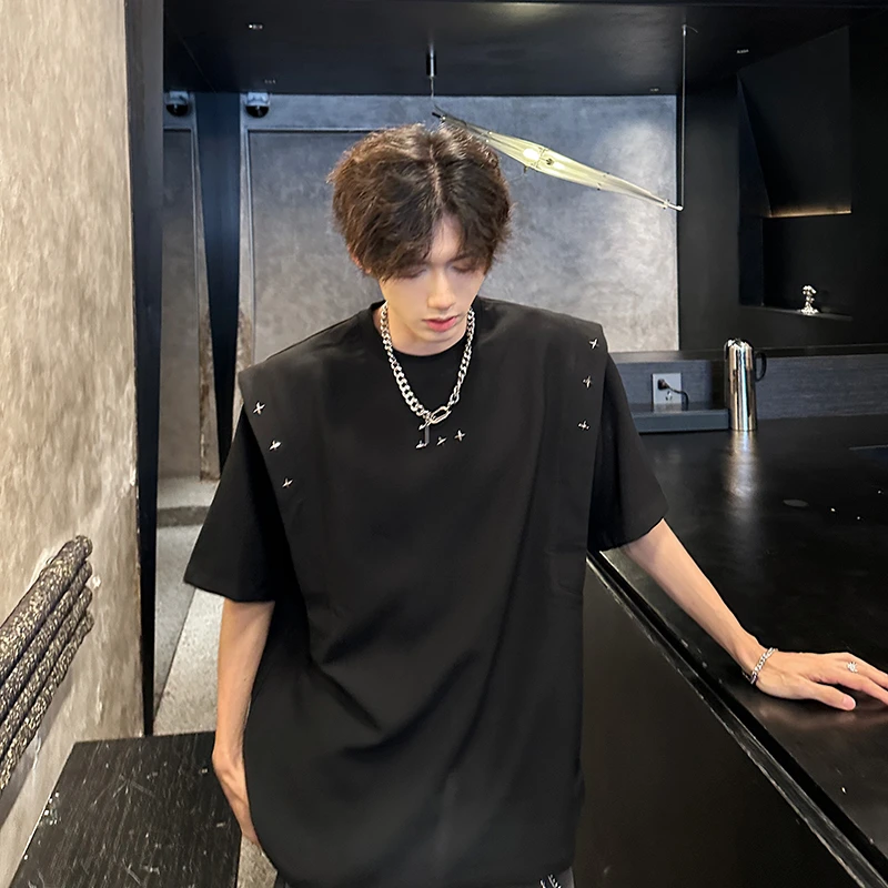 潮牌短袖t恤男夏季新款立体金属装饰设计感宽松大码圆领半袖体恤