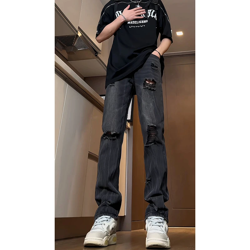 美式高街vibe破洞牛仔裤男设计感小众提档高腰裤子修身直筒微喇裤