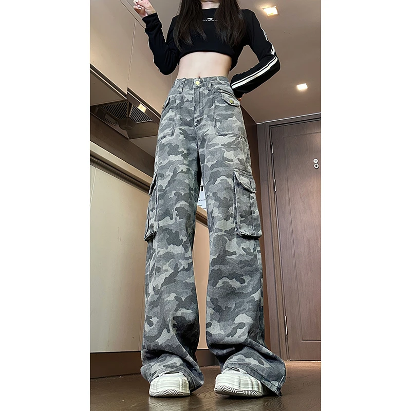 美式复古工装迷彩裤男女款春秋高街vibe伐木裤子宽松直筒阔腿长裤