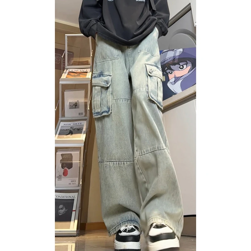 大口袋工装牛仔裤男春秋款美式复古阔腿裤水洗做旧直筒休闲拖地裤