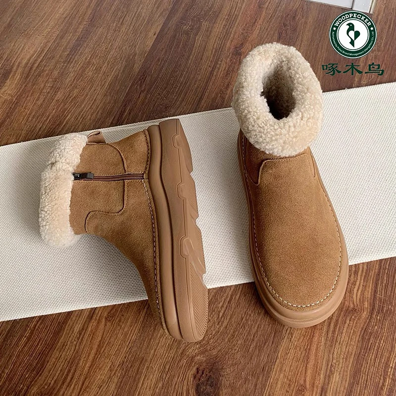 woodpecker/啄木鸟雪地靴厚底冬季新款羊羔毛保暖棉鞋磨砂皮短靴