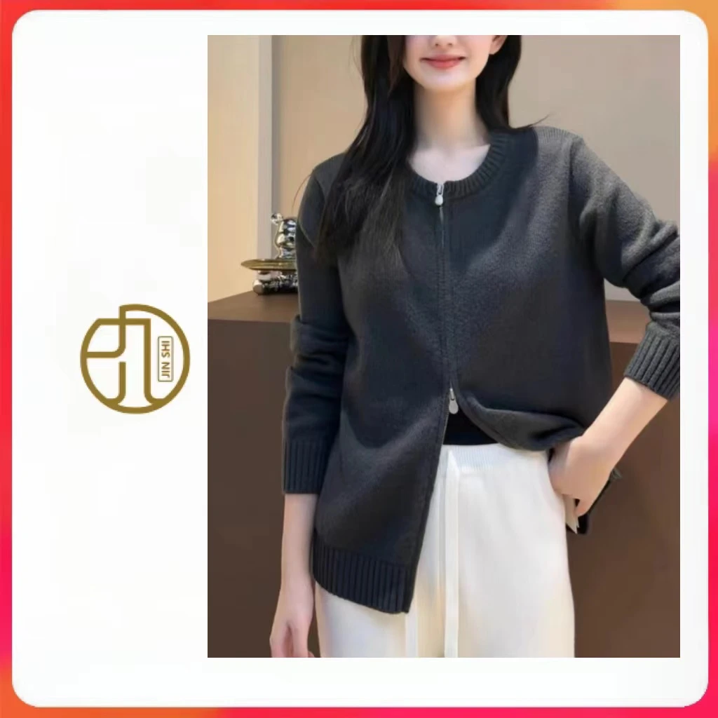 JIUER长袖秋冬针织显瘦纯色设计感时尚百搭气质圆领拉链开衫8728