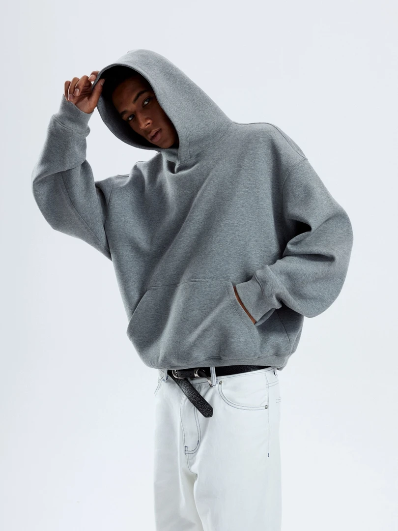 Xanvas双色磨毛保暖长绒棉空气层boxy纯色卫衣帽衫外套cleanfit