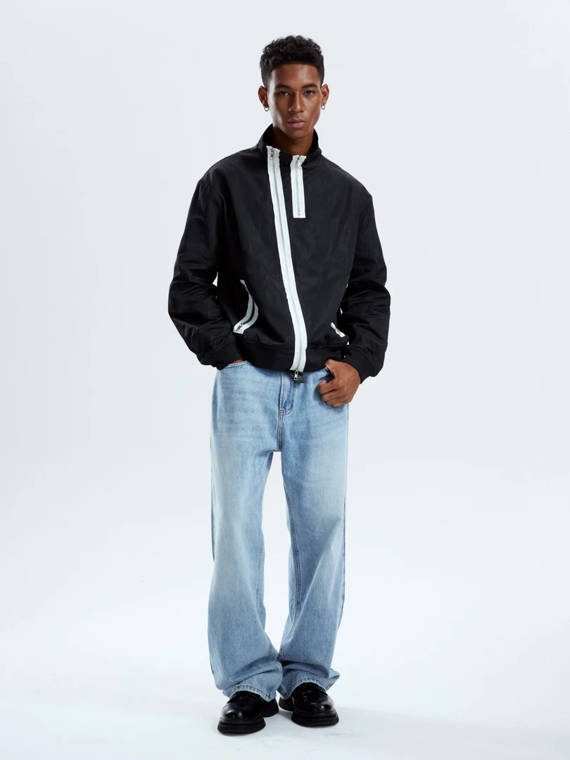 Xanvas「WhiteRib」白肋骨斜拉链多袋明线黑色尼龙直筒夹克外套