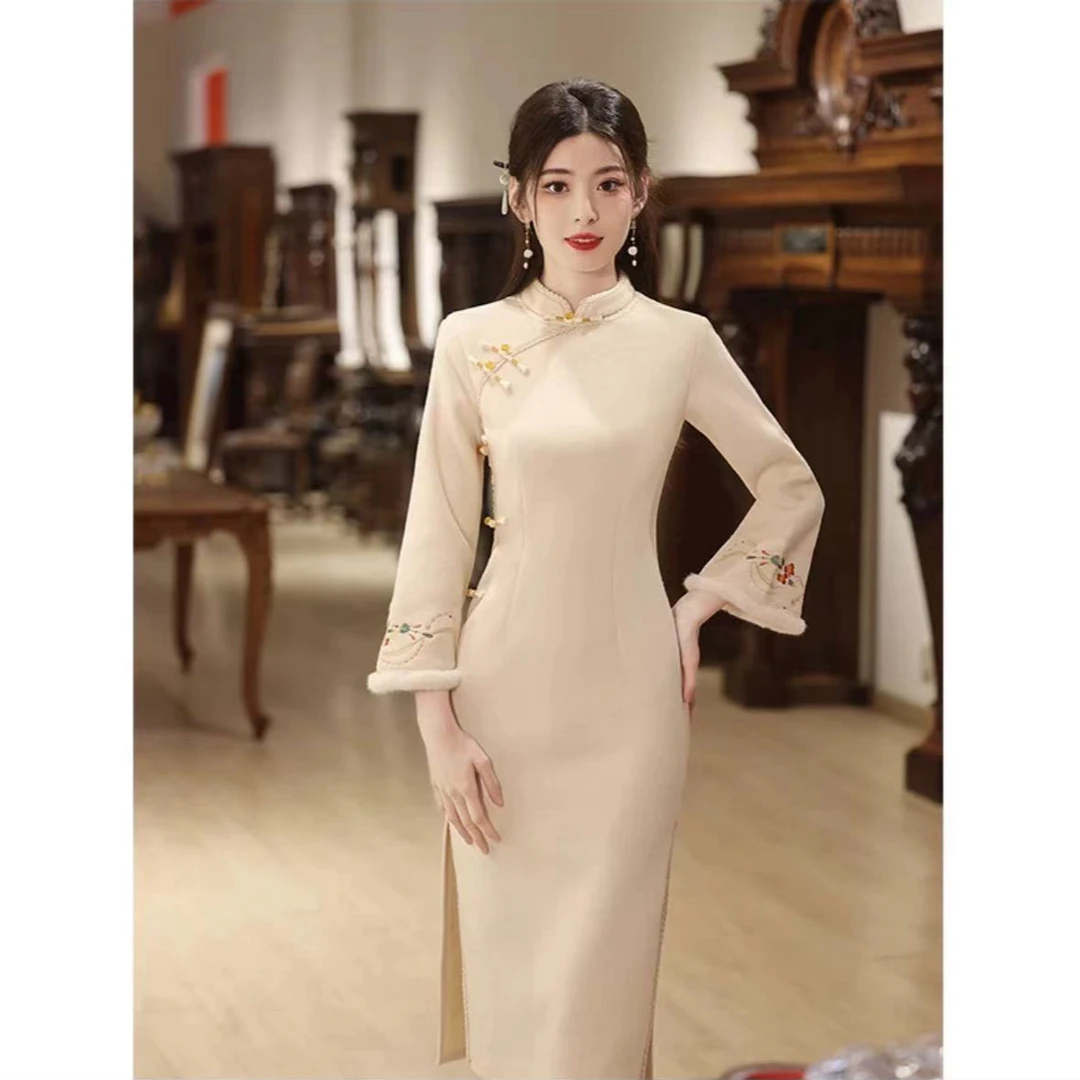 1530-=米色 【福星高照】倒大袖 旗袍