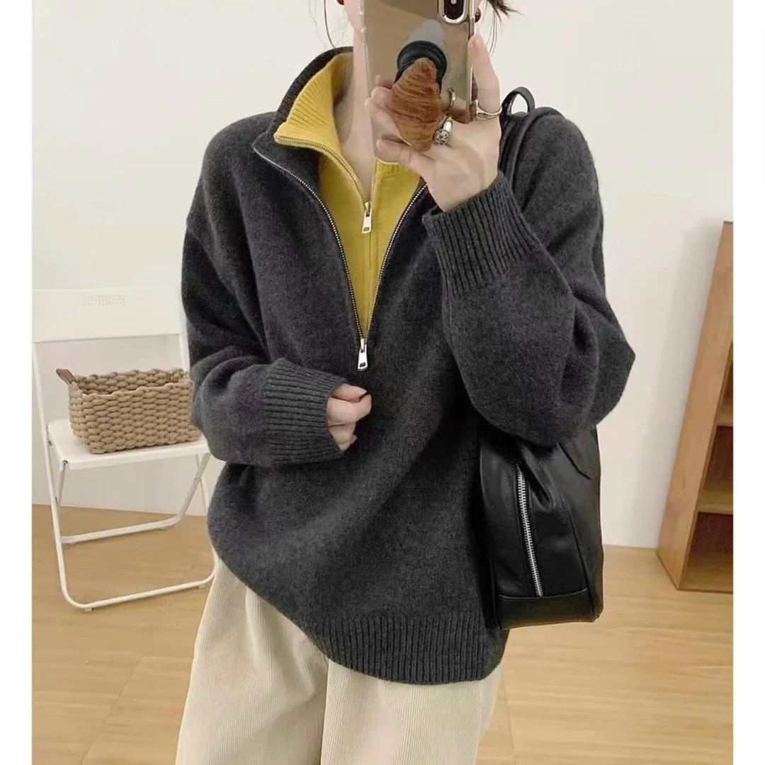 高级感拉链假两件」韩系慵懒风针织上衣欧洲站2024秋冬新款女装