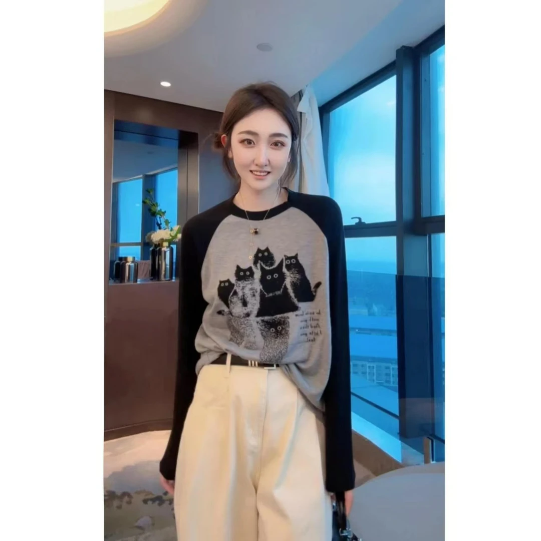 欧货猫咪！软糯绵羊毛~黑灰时尚圆领提花女式针织衫