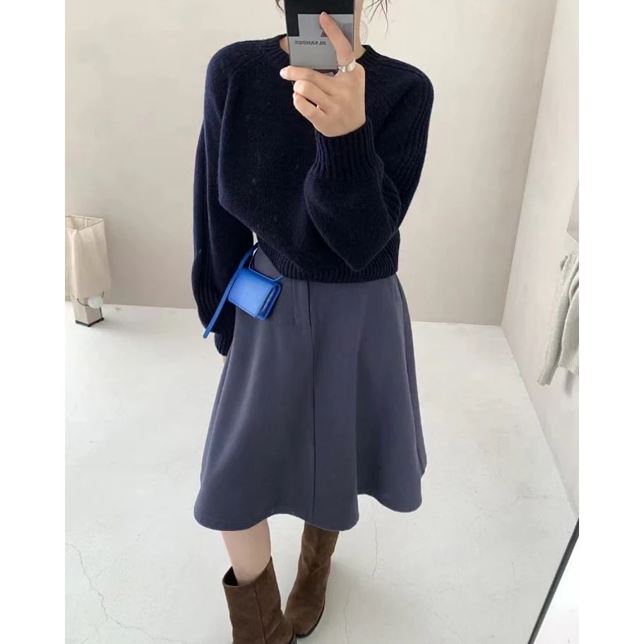 藏蓝小个子套头」韩系百搭！纯色时尚圆领宽松针织毛衣女秋冬氛围感