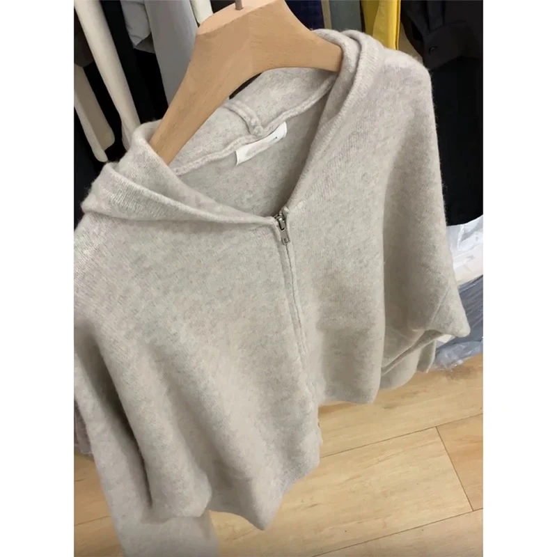 米灰双拉链帽衫」版型超好软糯！高品质纯色百搭连帽针织开衫女上衣