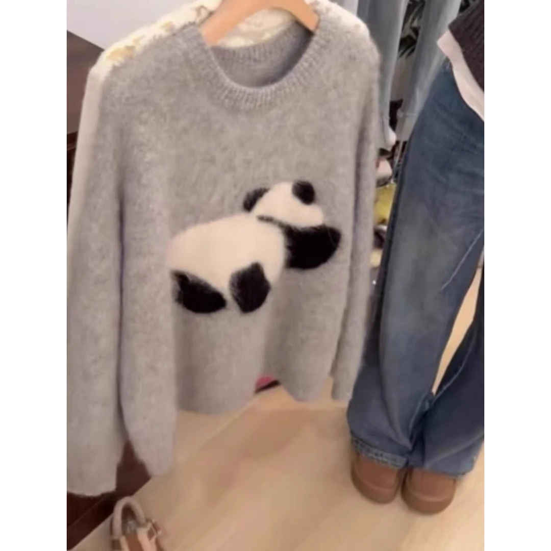 驼绒熊猫」百搭慵懒！新款韩版宽松圆领针织毛衣女秋冬氛围感