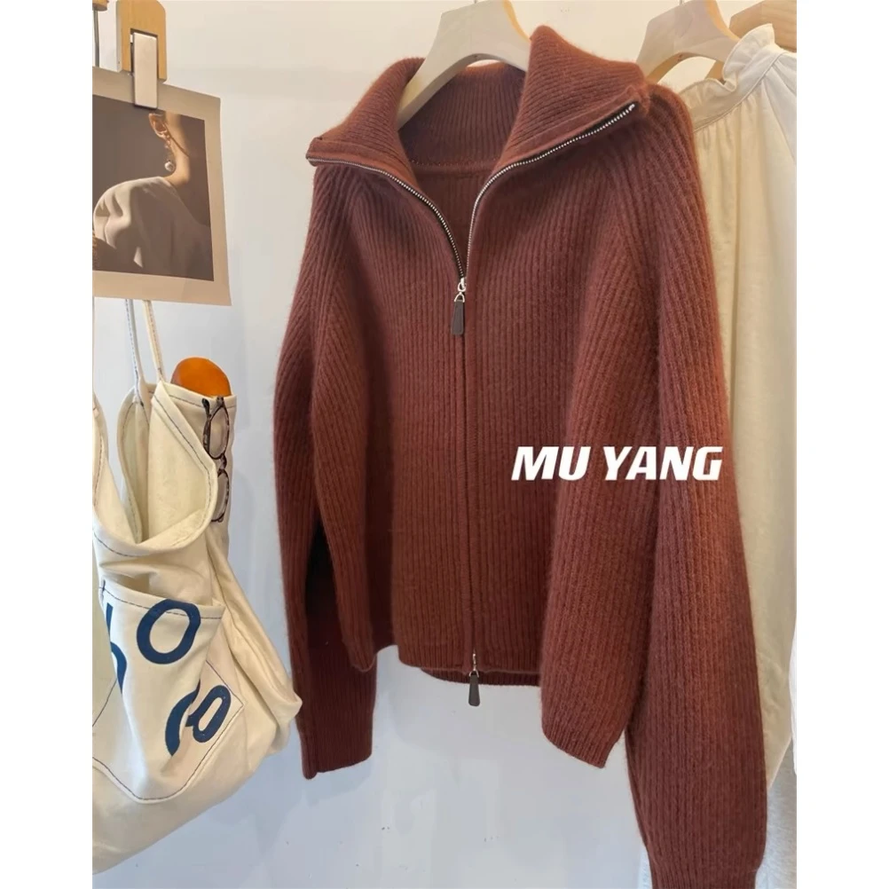 砖红抗风拉链衫」高克重加厚！纯色韩版宽松翻领针织毛衣女秋冬潮