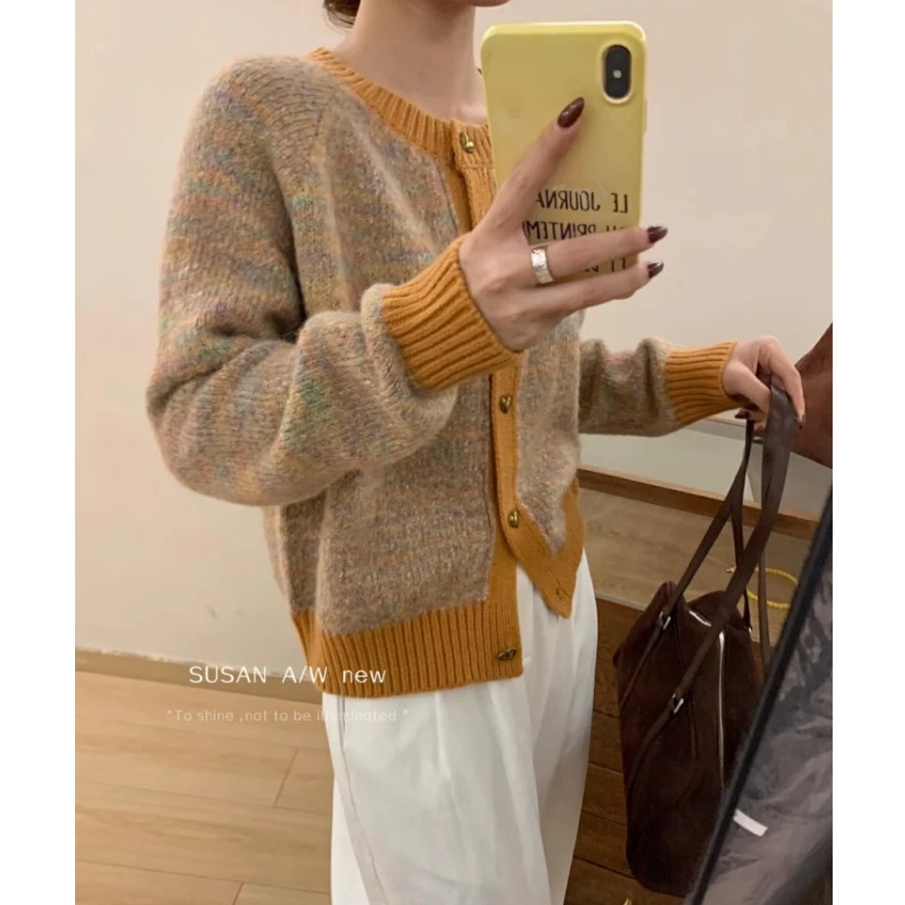 花橘小香风」锻染彩虹纱！加厚冬季外套宽松针织毛衣女显白洋气