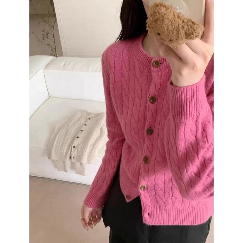 玫瑰粉麻花」温柔显白不挑人！韩版冬季外套宽松针织毛衣女显白洋气