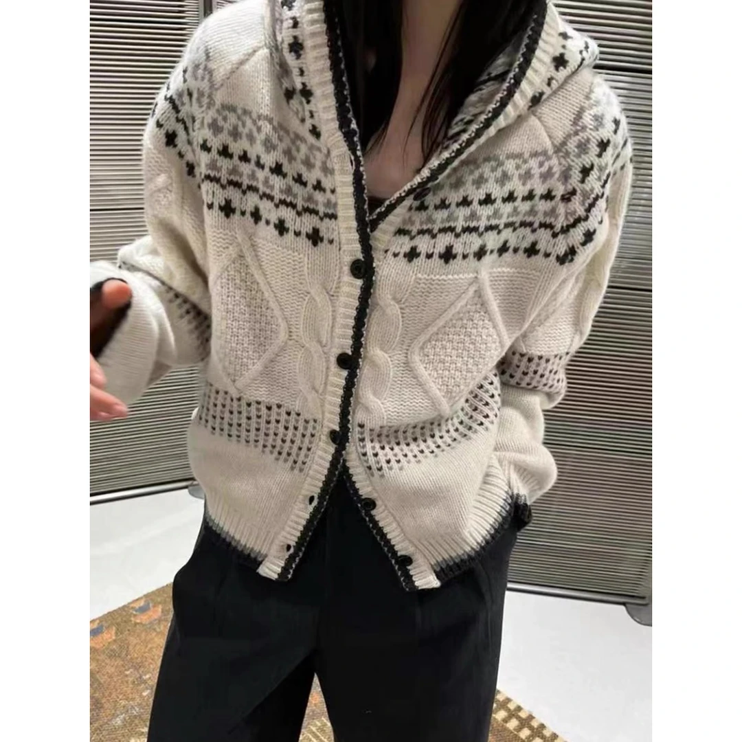 提花帽衫」用量超顶800克加厚时尚韩版宽松针织连帽毛衣女秋冬新款