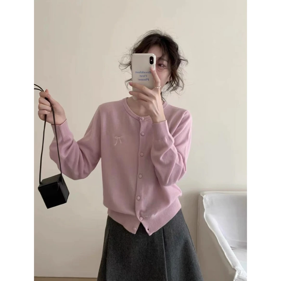 浅粉包扣」柔软舒适!纯色百搭蝴蝶结刺绣针织开衫女外套