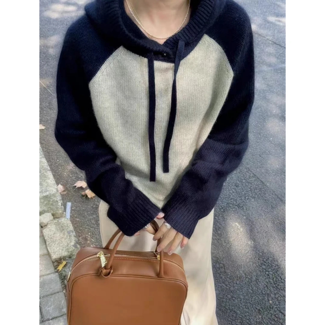 藏青插肩连帽」一粒扣加厚连帽慵懒风宽松针织毛衣女秋冬氛围感