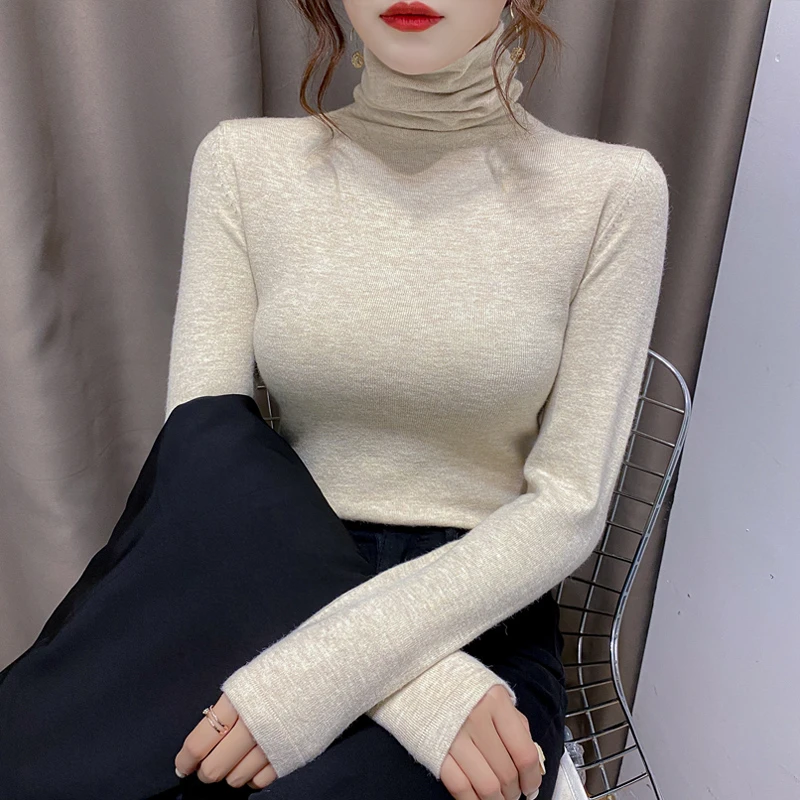 纯色百搭堆堆领洋气修身显瘦毛衣针织打底衫女内搭上衣