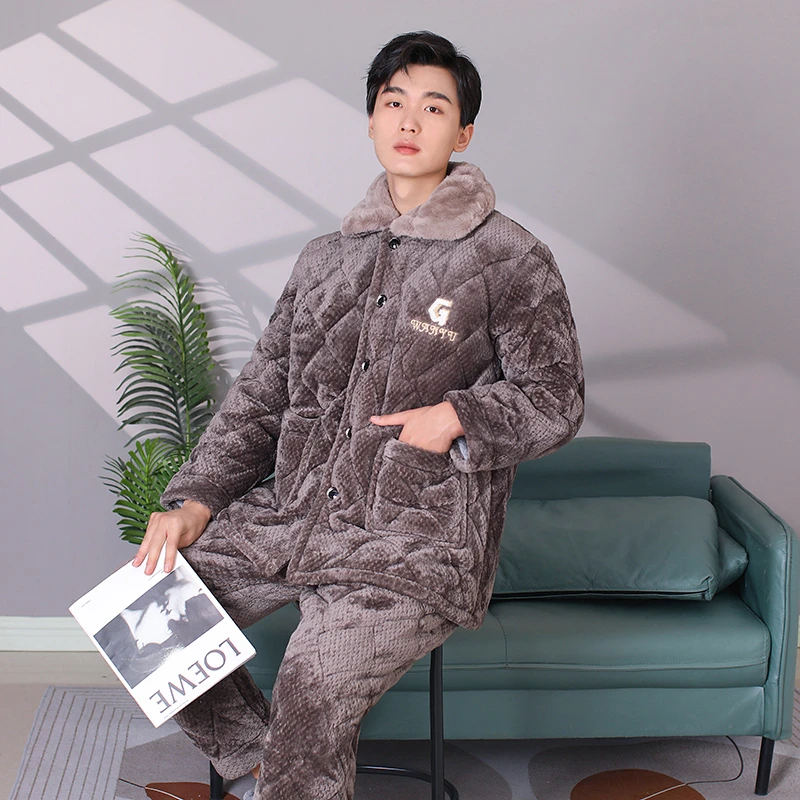 新品【大头毛领款】男士长袖长裤睡衣冬季三层加厚夹棉家居服套