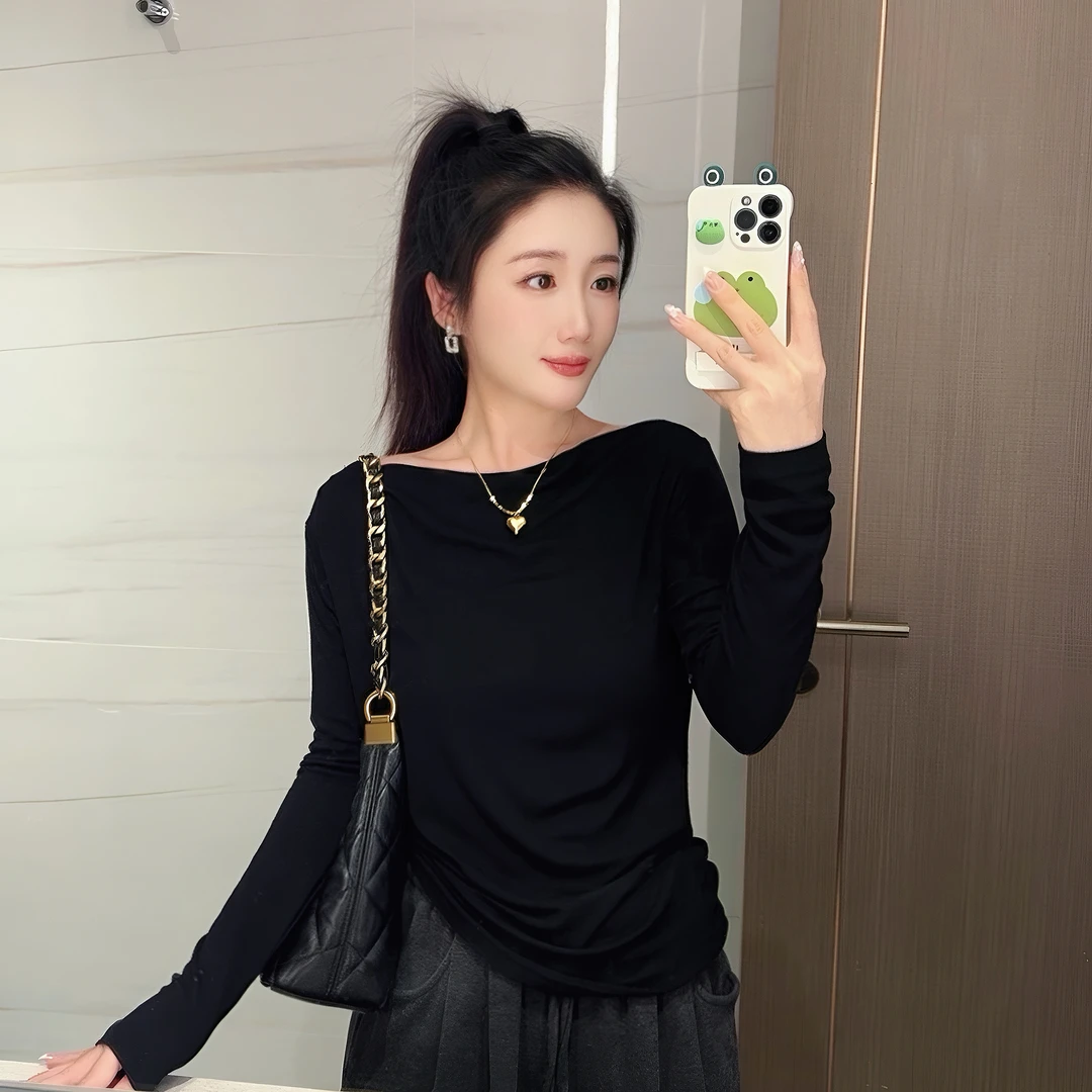 2024新款黑色打底衫女长袖露肩一字肩秋装秋冬季加绒上衣0001-53