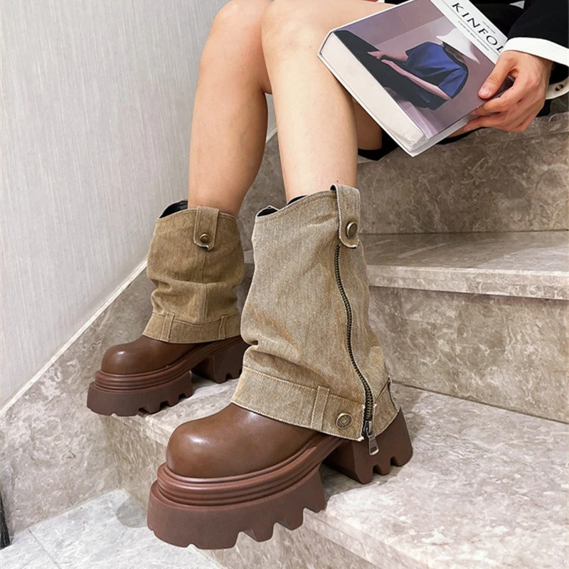 马丁靴2024年西部牛仔布走秀款假两件机车靴显瘦小个子辣妹短筒靴