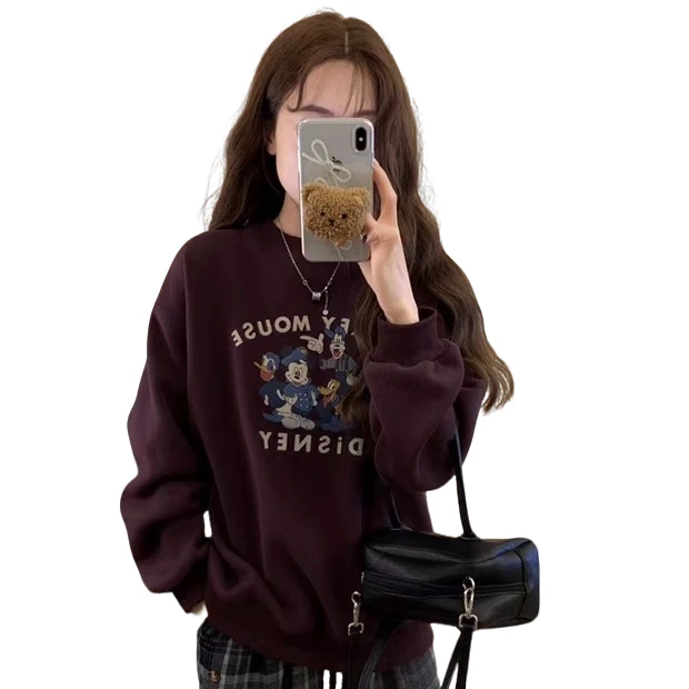 冬季加绒圆领卡通印花减龄卫衣女韩版宽松休闲上衣