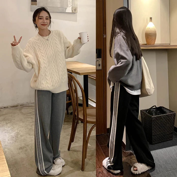 孕妇条纹阔腿裤春秋垂感运动卫裤秋冬时尚外穿加绒宽松托腹休闲裤