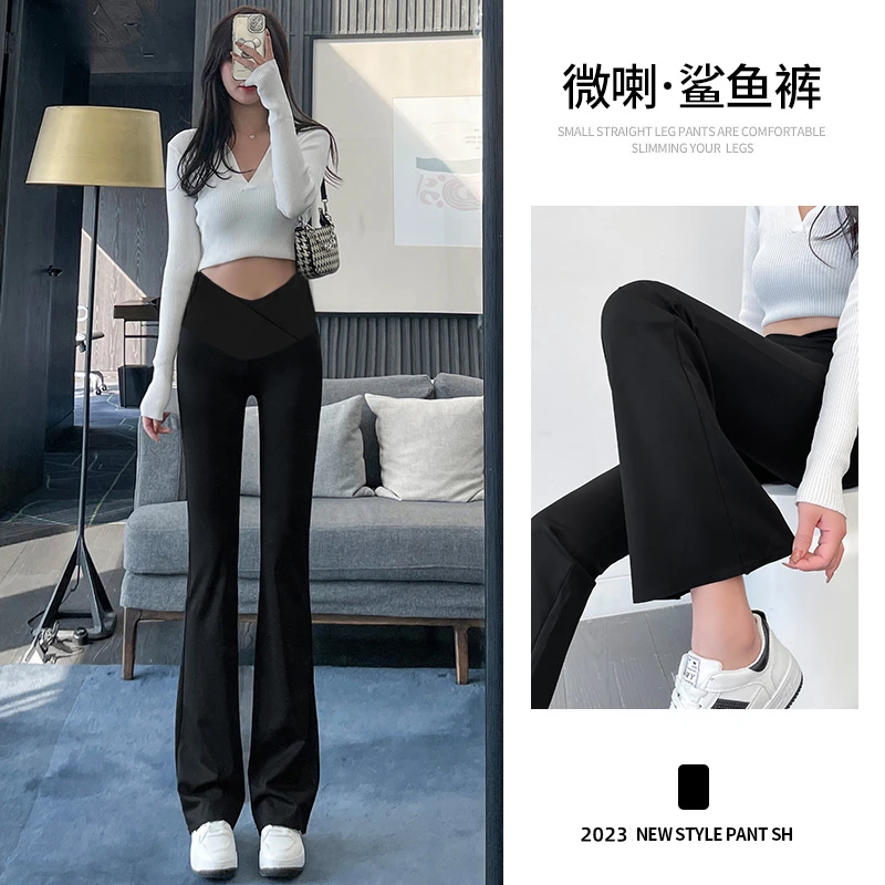 休闲微喇叭裤鲨鱼裤春秋新款潮妈低腰外穿托腹阔腿薄款黑色瑜伽裤