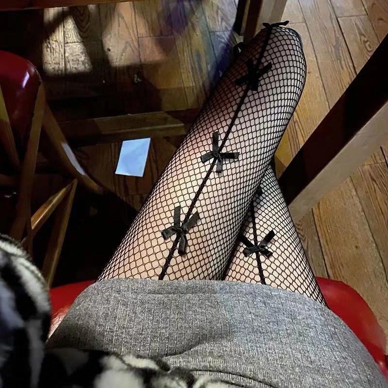 白色蝴蝶结渔网袜袜子女薄款辣妹jk连裤袜镂空豹纹连体黑色丝袜