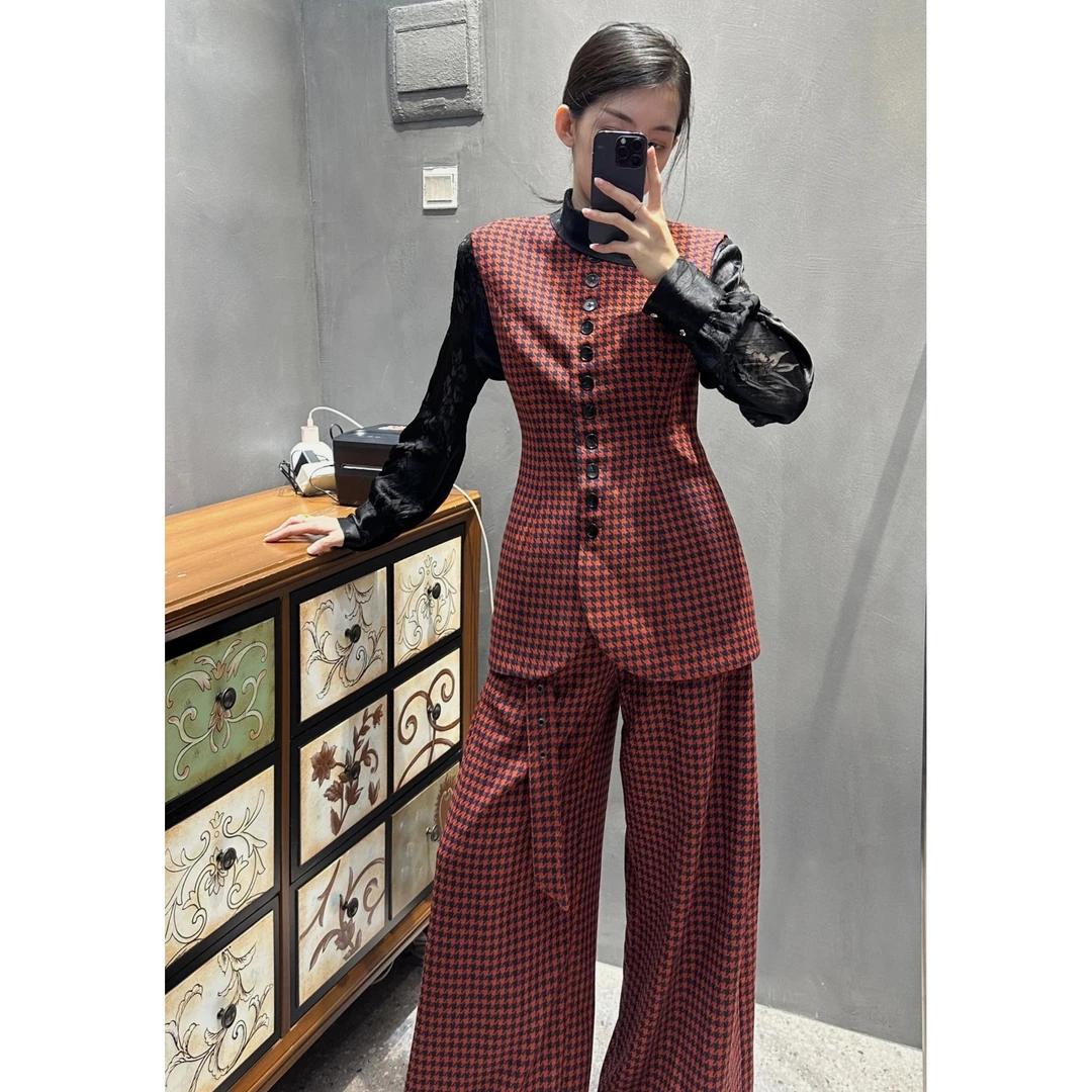 复古时尚显瘦气质无袖红色修身收腰马甲＋阔腿裤千鸟格南油套装