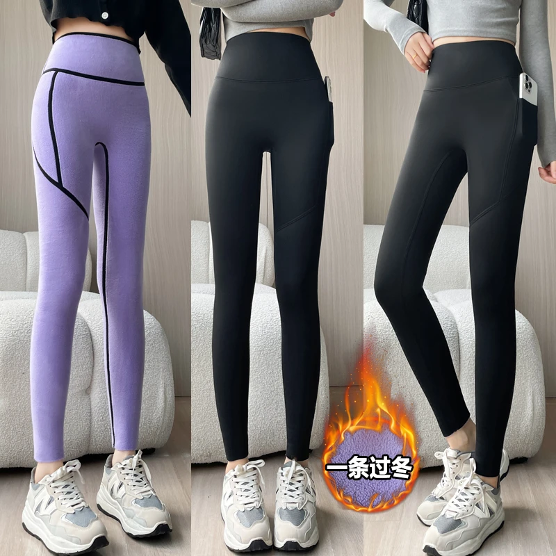 加绒加厚口袋鲨鱼裤女冬季外穿打底高腰收腹芭比裤运动健身瑜珈裤