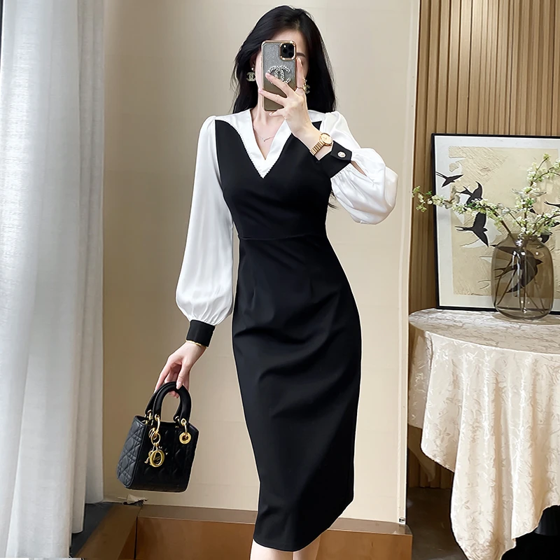 小个子长袖连衣裙女秋装新款V领时尚气质修身显瘦撞色拼接一步裙
