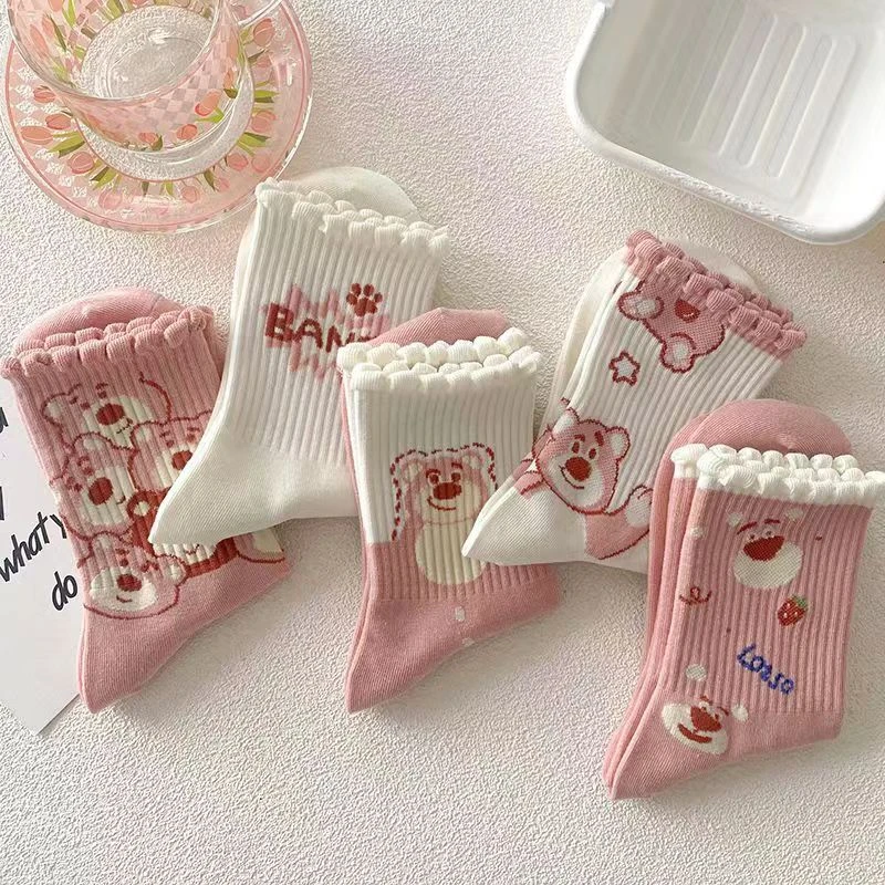 袜子女草莓熊中筒袜学生运动袜百搭秋冬款女童可爱卡通儿童袜潮流