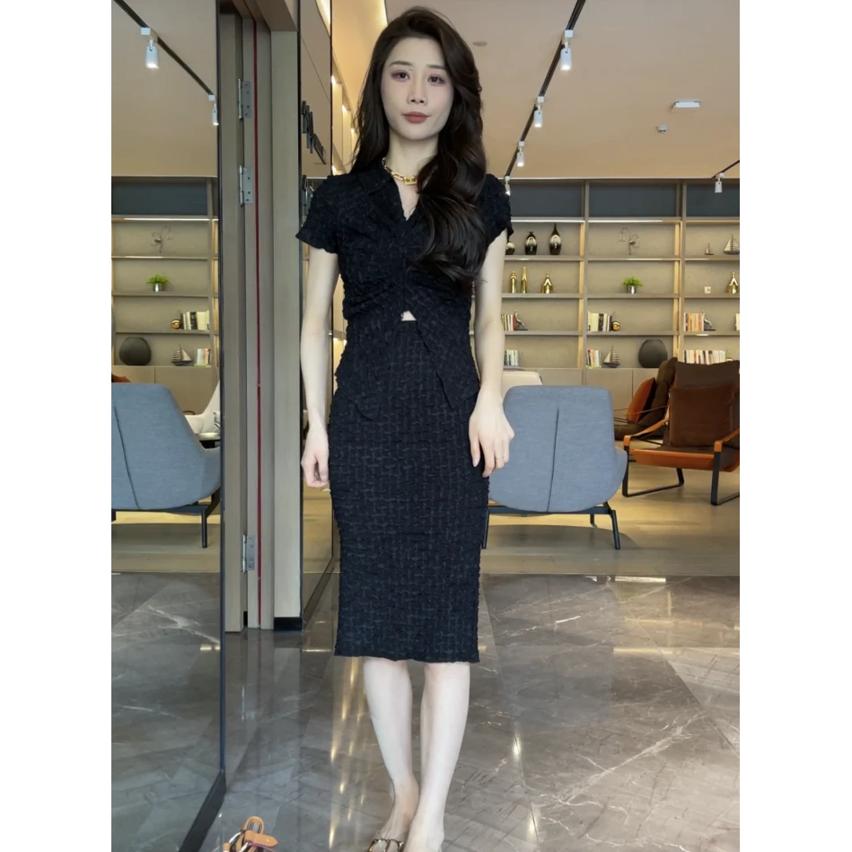 【十亿家】韩系褶皱短袖包臀裙两件套-0212