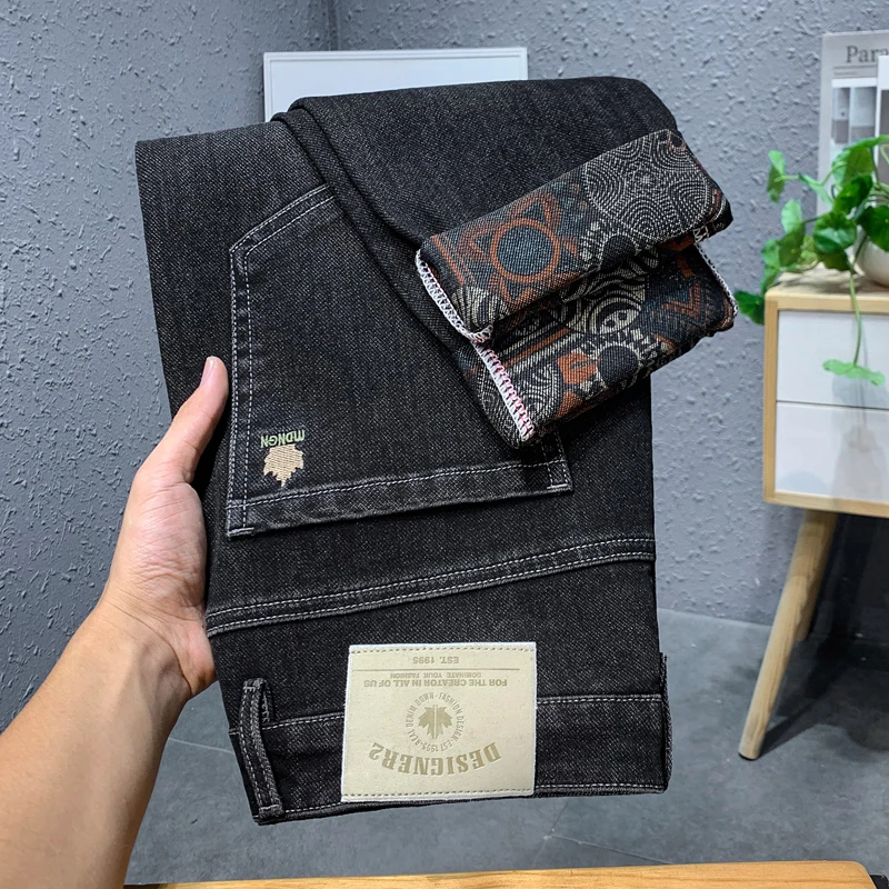 刺绣牛仔裤男士弹力微哈小直筒中青年百搭显瘦秋冬季休闲长裤子男