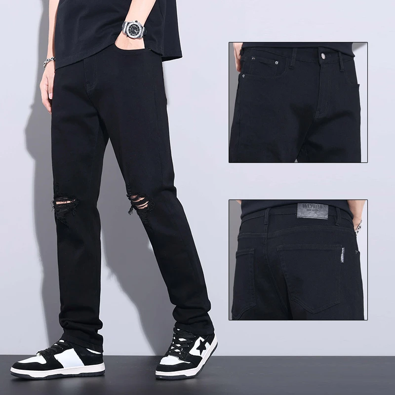 2025夏季新款破洞牛仔裤男黑色弹力宽松潮牌直筒休闲百搭长裤子男