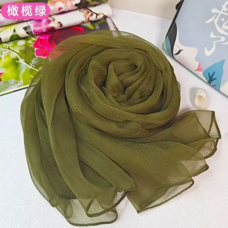 【橄榄绿】桑蚕丝围巾女长款纯色丝巾披肩防晒百搭头巾薄款绿色韩版