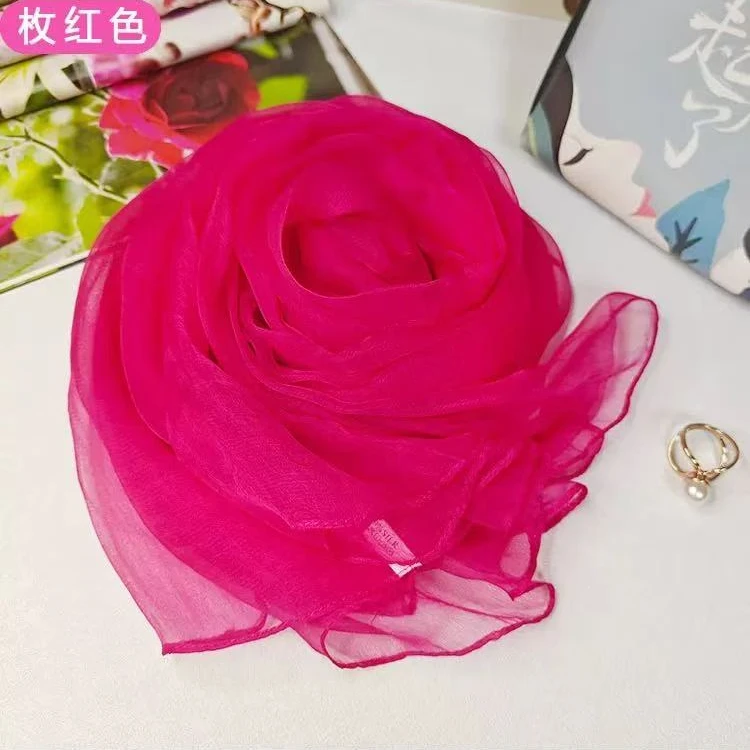 【玫红色】薄款纯色丝巾桑蚕丝春夏护颈防晒披肩百搭围巾红色丝巾女
