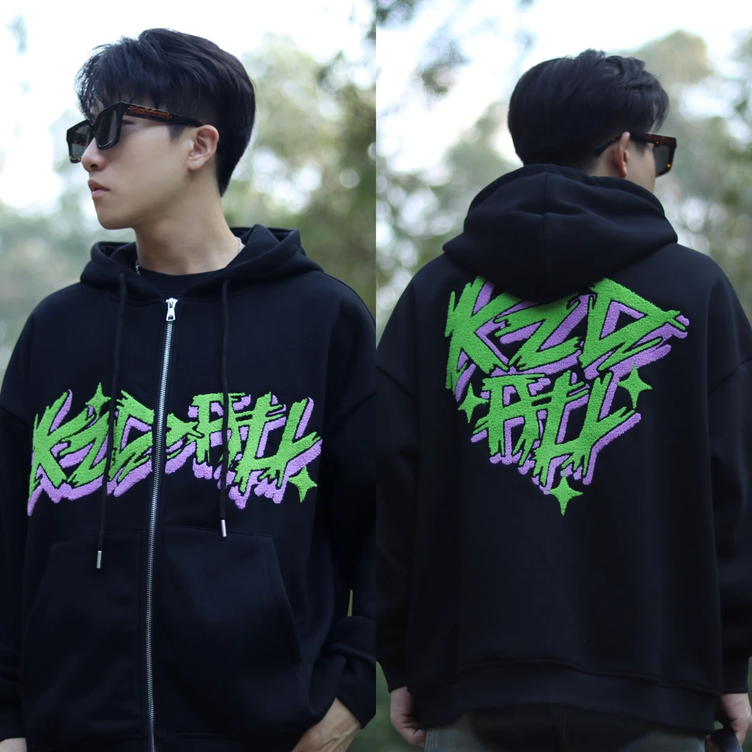 KZDALL原创设计爱心logo毛巾绣开衫拉链卫衣外套秋冬加绒美式帽衫