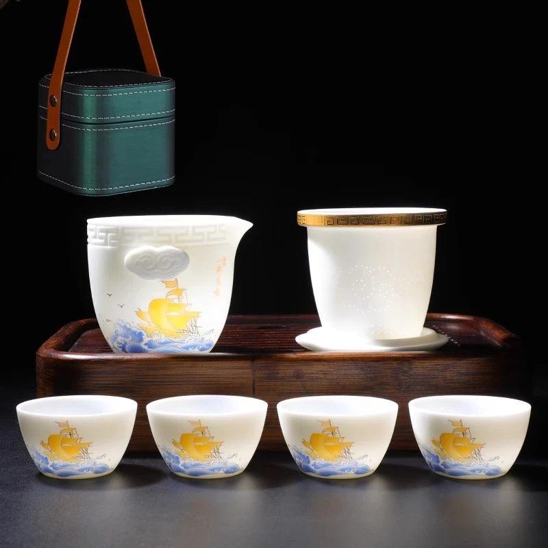 玉尘德化白瓷便携旅行茶具套装快客杯户外泡茶壶