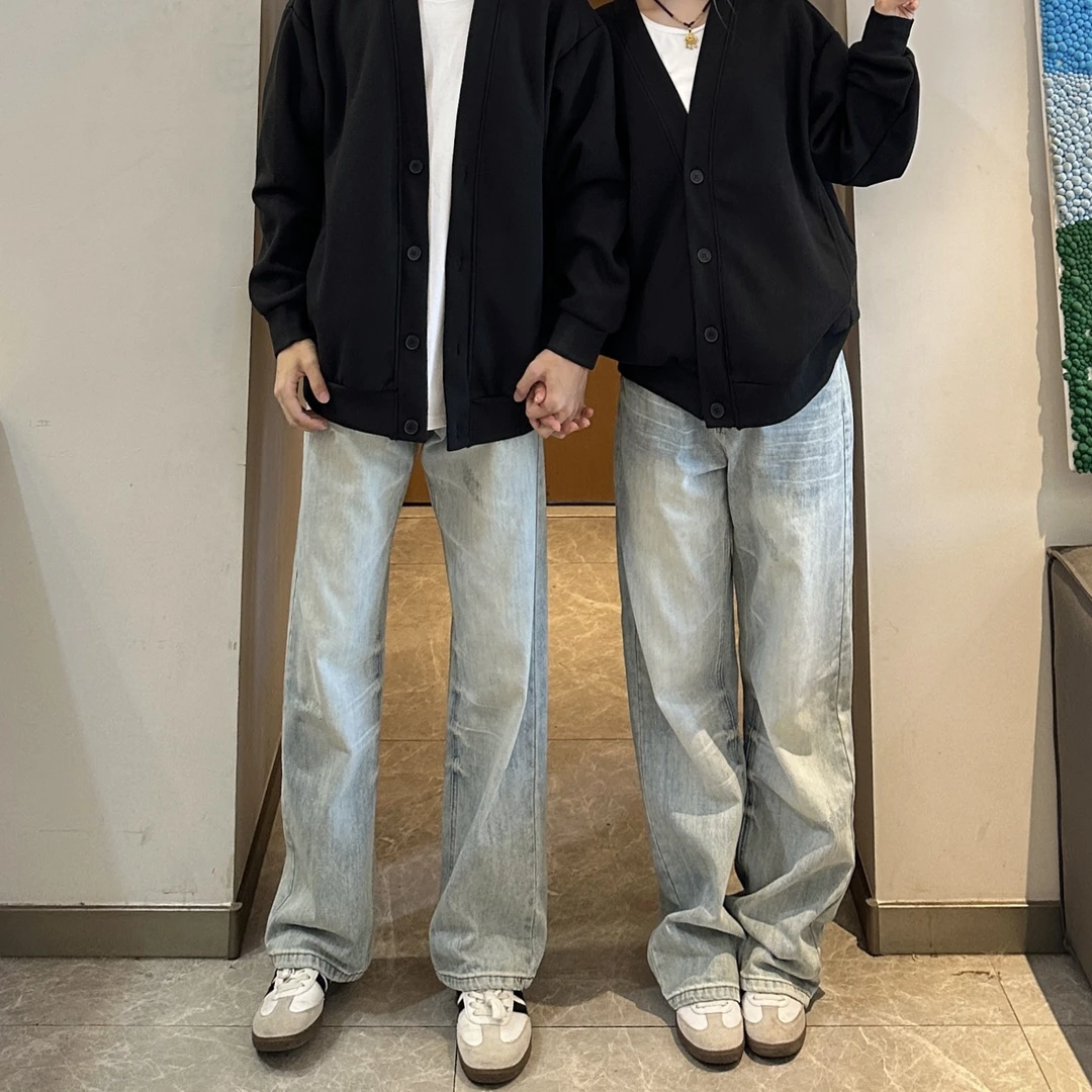 3KU夫妇春秋破洞百搭直筒长裤牛仔裤男女情侣拖地裤宽松休闲D1590