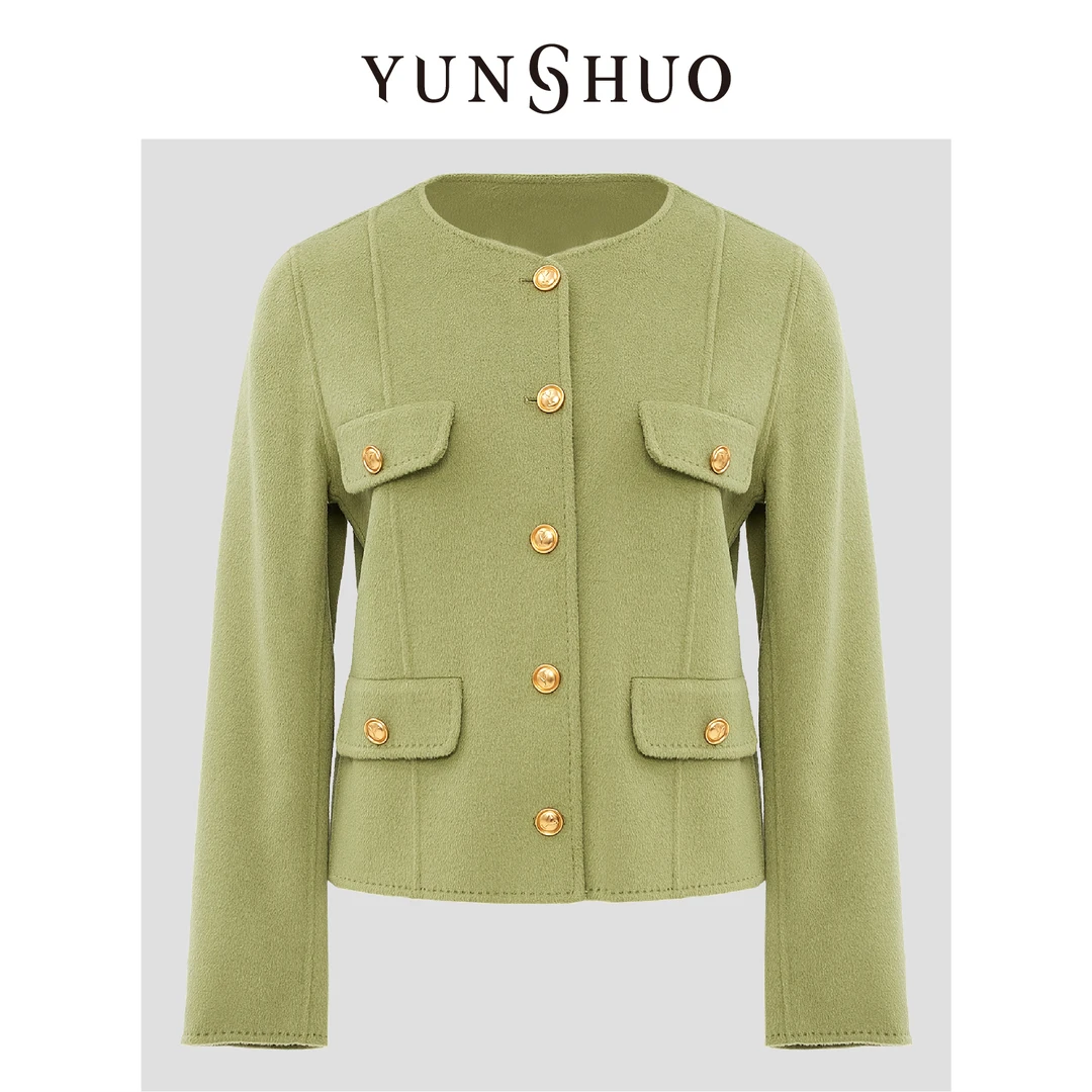 YUNSHUO允硕2024秋季气质百搭实穿小V领双面毛呢大衣495013