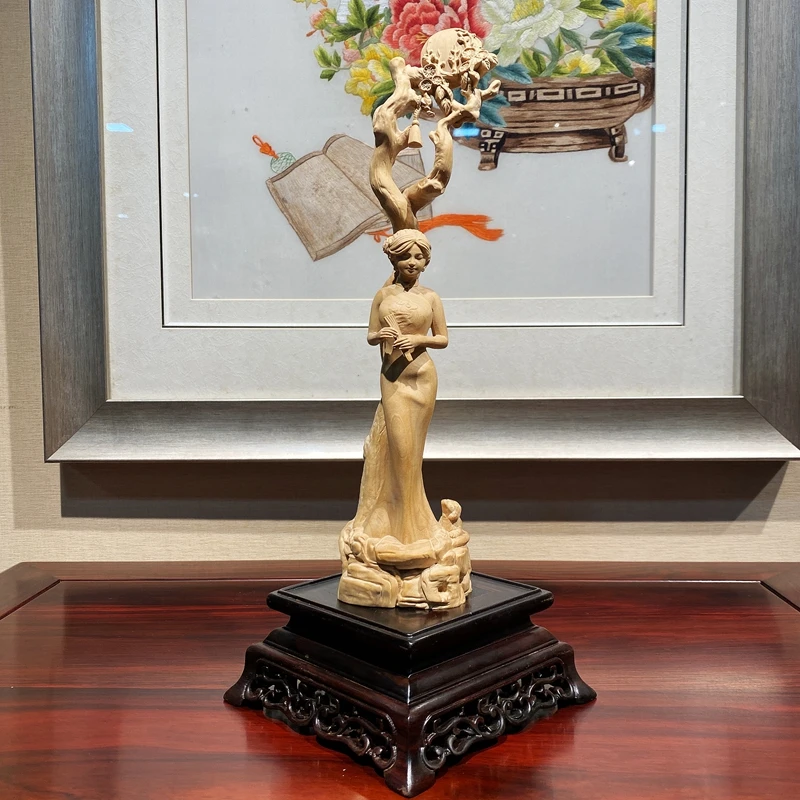 小叶黄杨木古典人物旗袍美女装饰品客厅摆件