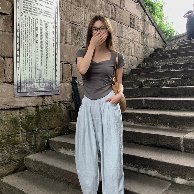 阔腿裤网红休闲百搭夏季薄款高腰宽松纯色时尚复古慵懒裤外穿简约