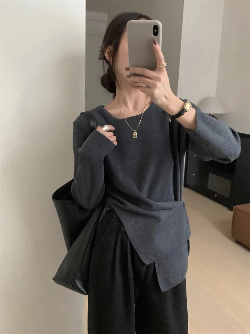 徐娥家交叉侧扣圆领收腰长袖针织衫女纯色套头上衣