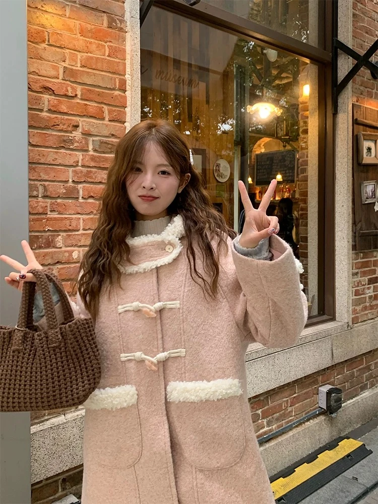 E2226 Girlyhalo毛绒拼接连帽牛角扣大衣女甜美少女粉色外套