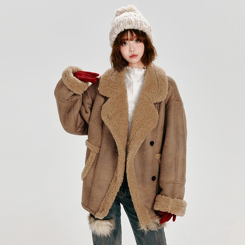 90412 Girlyhalo复古加厚皮毛一体毛毛外套女冬季新款宽松大衣