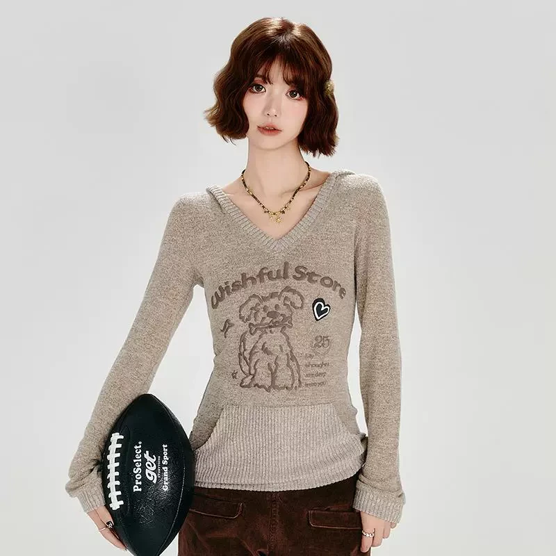 90434Girlyhalo美式辣妹连帽长袖t恤女秋冬新款印花女t恤