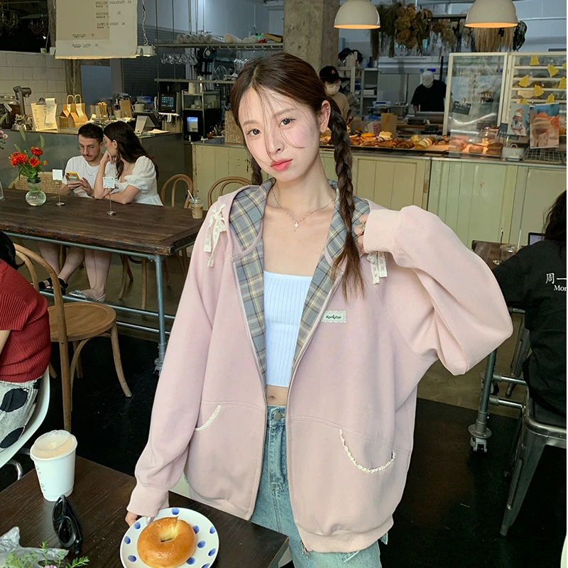 Girlyhalo粉色慵懒风卫衣拉链口袋卫衣连帽宽松休闲百搭长袖E2015